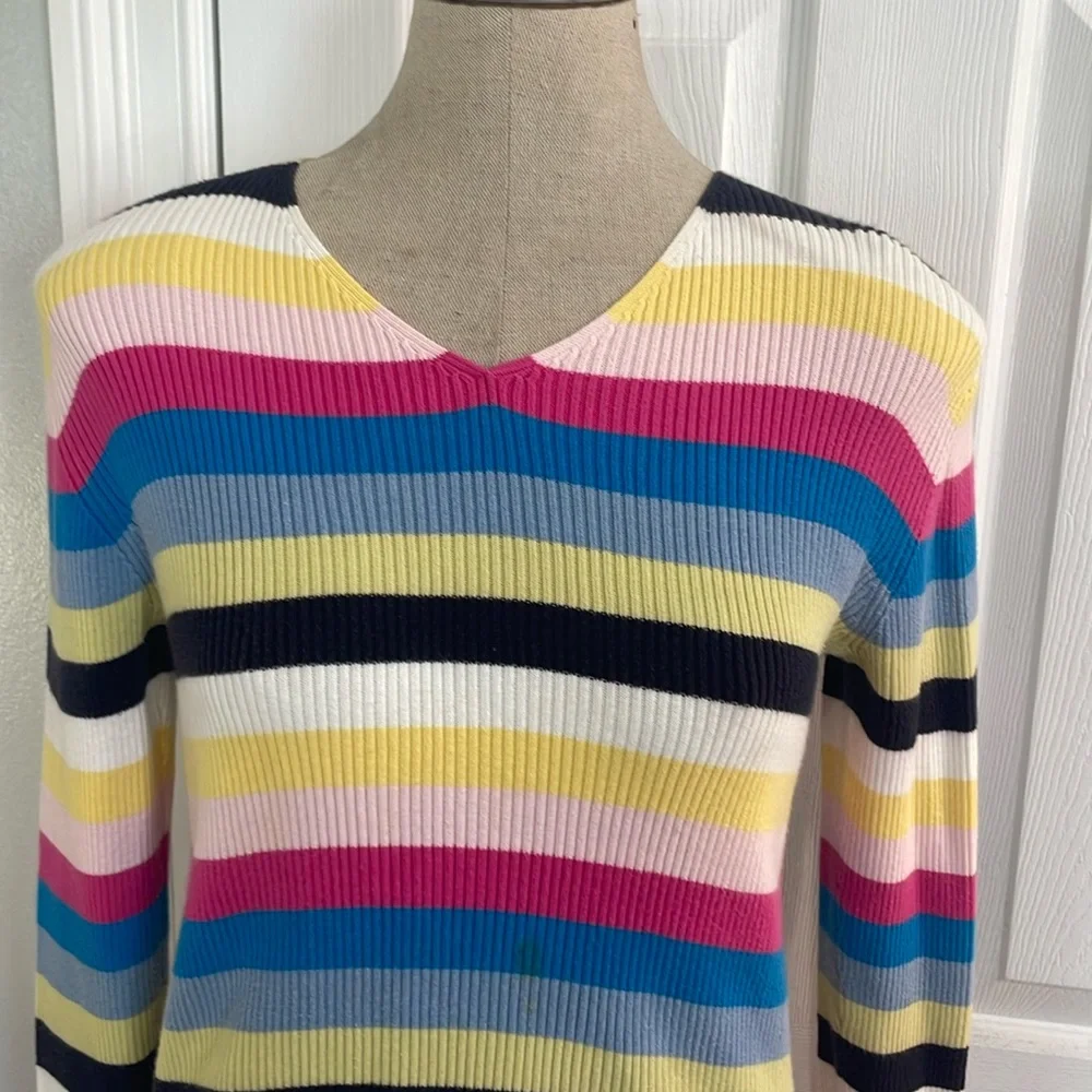 Vintage Y2K striped long sleeve sweater V-neck 100% cotton V-neck size M - Picture 2 of 9